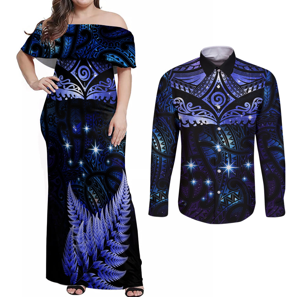 New Zealand Matariki Couples Matching Off Shoulder Maxi Dress and Long Sleeve Button Shirt Maori Pattern and Matariki Sky Night