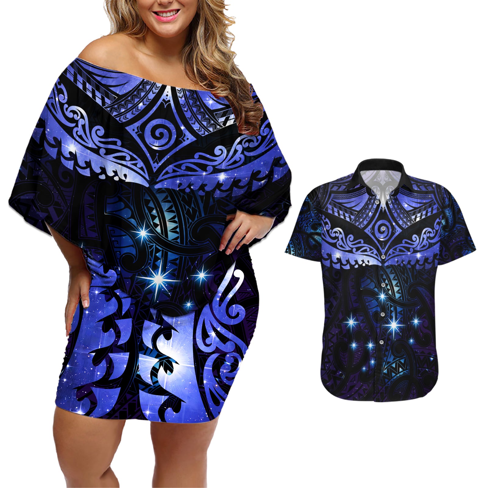 New Zealand Matariki Couples Matching Off Shoulder Short Dress and Hawaiian Shirt Maori Pattern and Matariki Sky Night