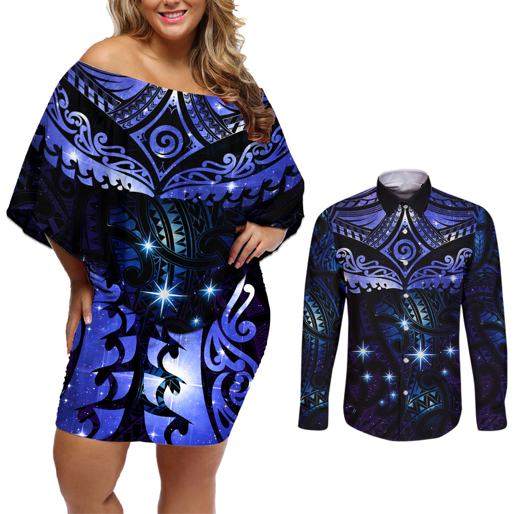 New Zealand Matariki Couples Matching Off Shoulder Short Dress and Long Sleeve Button Shirt Maori Pattern and Matariki Sky Night