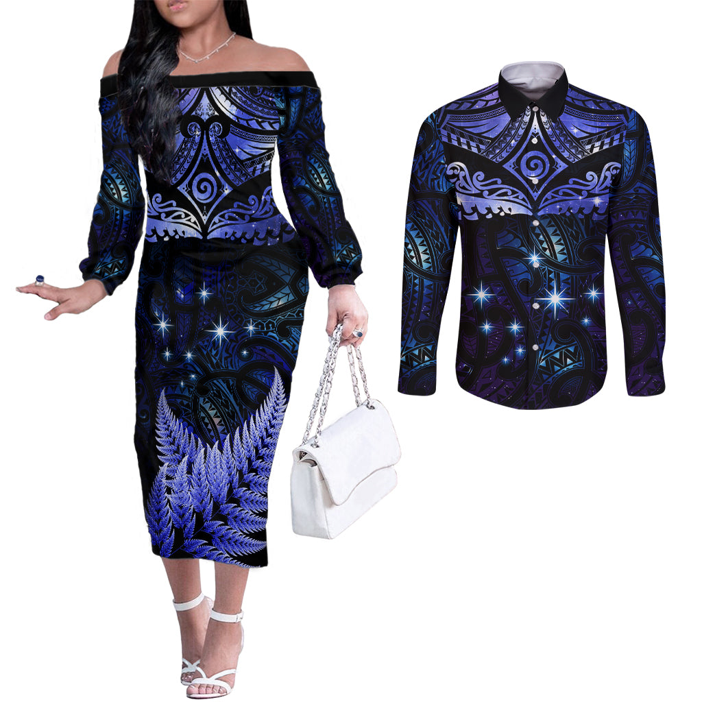 New Zealand Matariki Couples Matching Off The Shoulder Long Sleeve Dress and Long Sleeve Button Shirt Maori Pattern and Matariki Sky Night