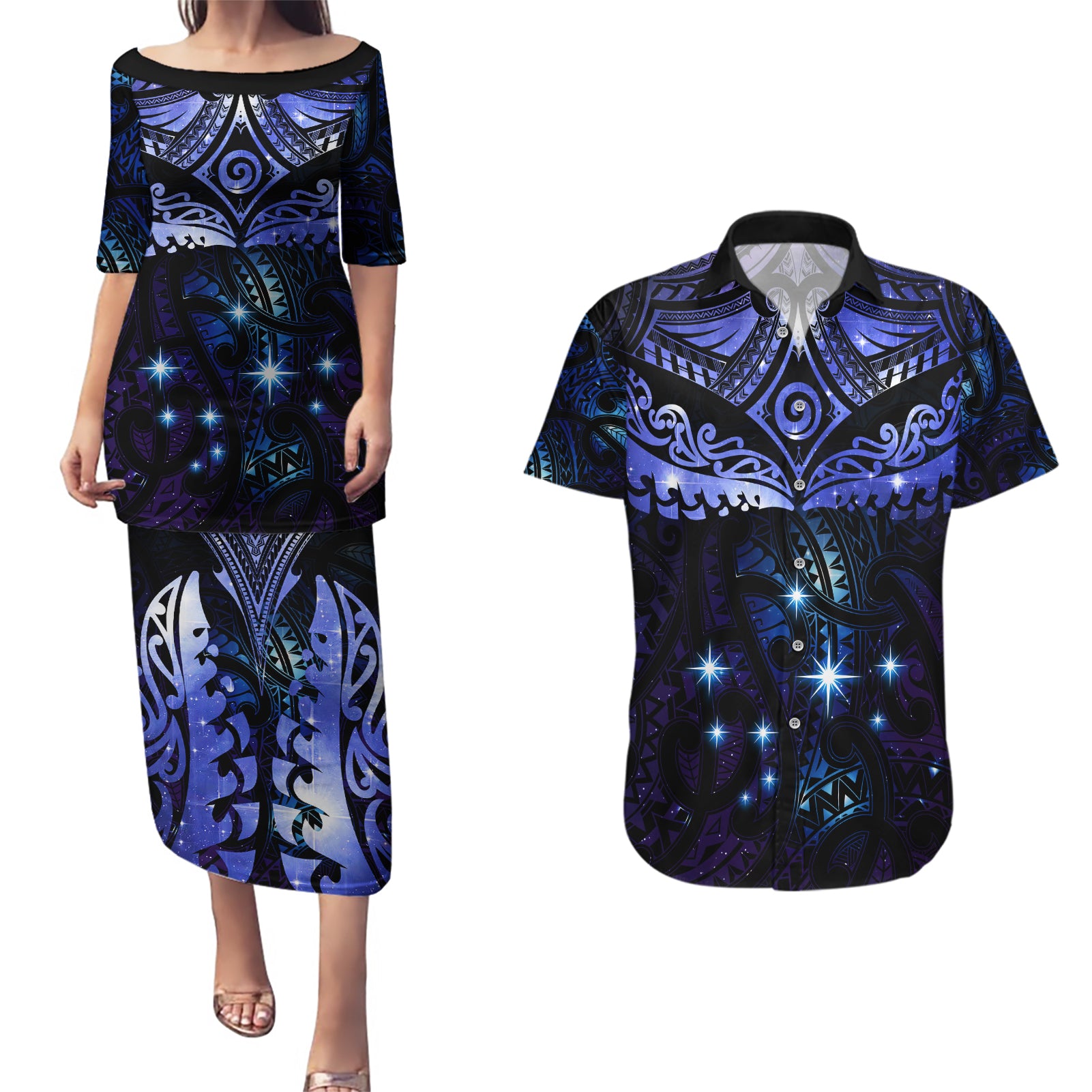 New Zealand Matariki Couples Matching Puletasi and Hawaiian Shirt Maori Pattern and Matariki Sky Night