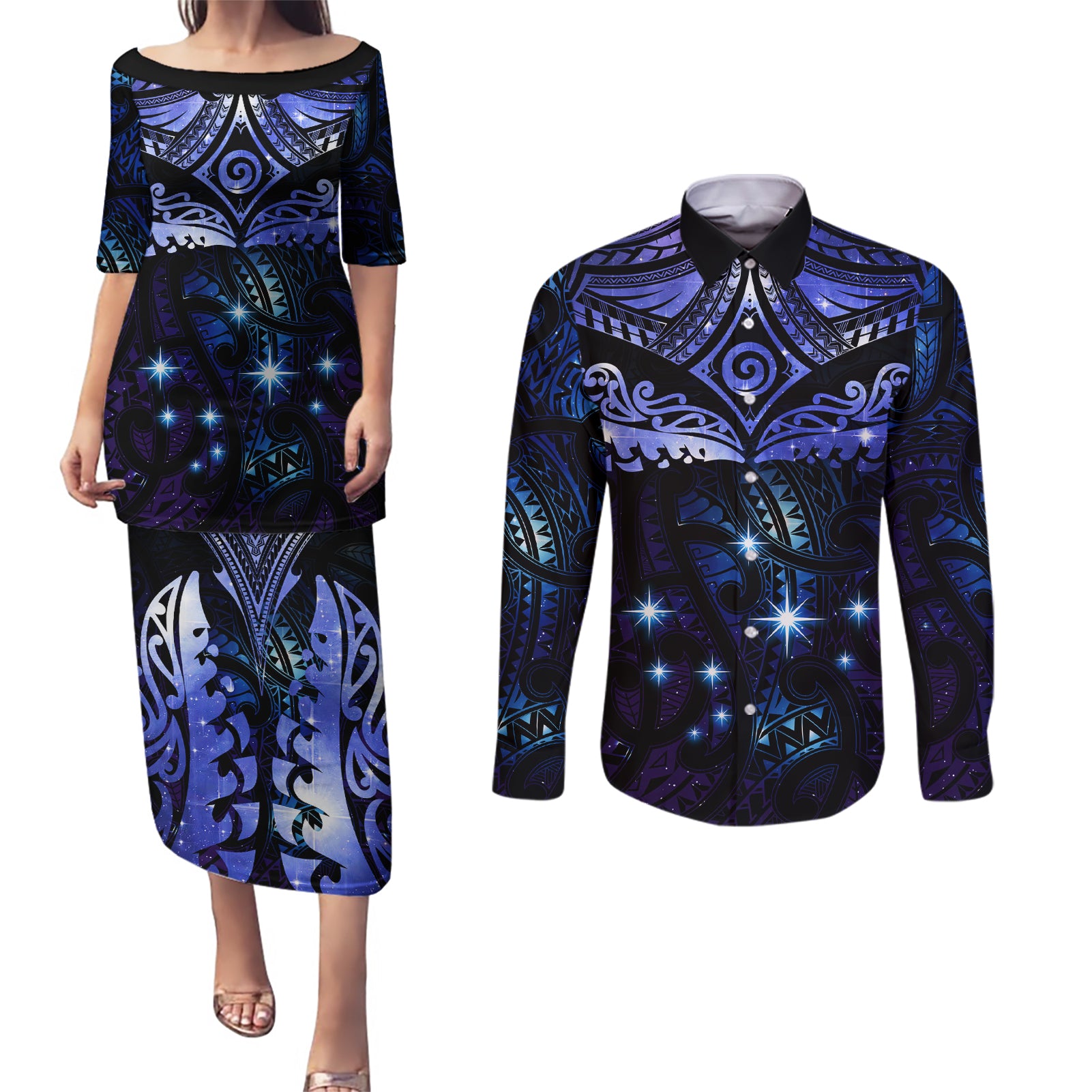 New Zealand Matariki Couples Matching Puletasi and Long Sleeve Button Shirt Maori Pattern and Matariki Sky Night