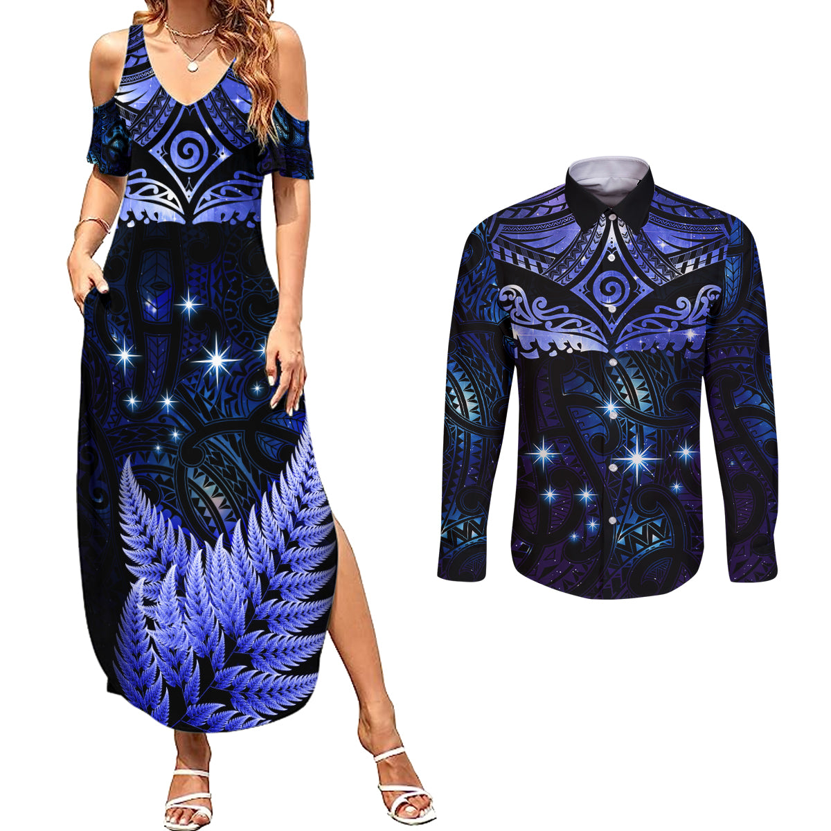 New Zealand Matariki Couples Matching Summer Maxi Dress and Long Sleeve Button Shirt Maori Pattern and Matariki Sky Night