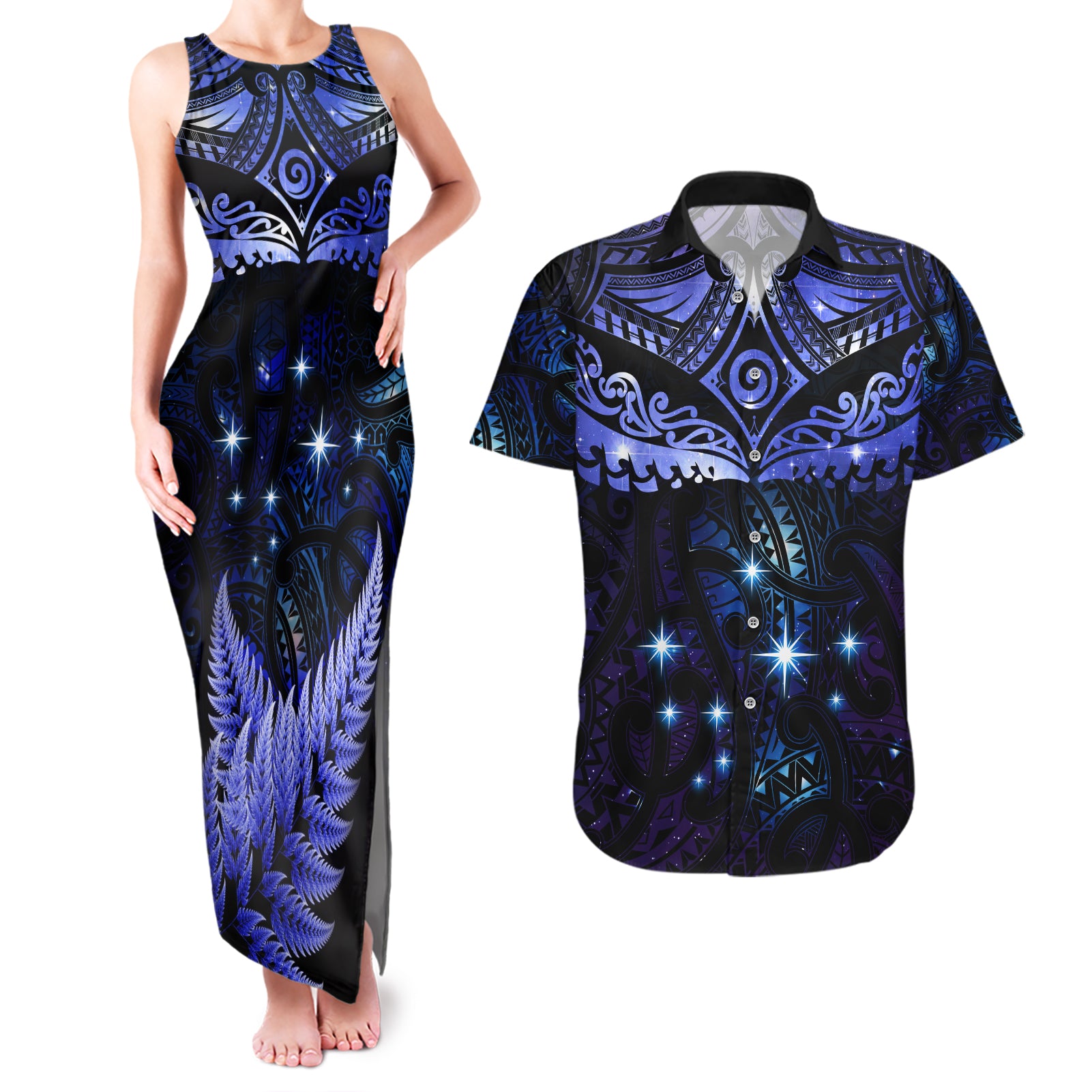 New Zealand Matariki Couples Matching Tank Maxi Dress and Hawaiian Shirt Maori Pattern and Matariki Sky Night