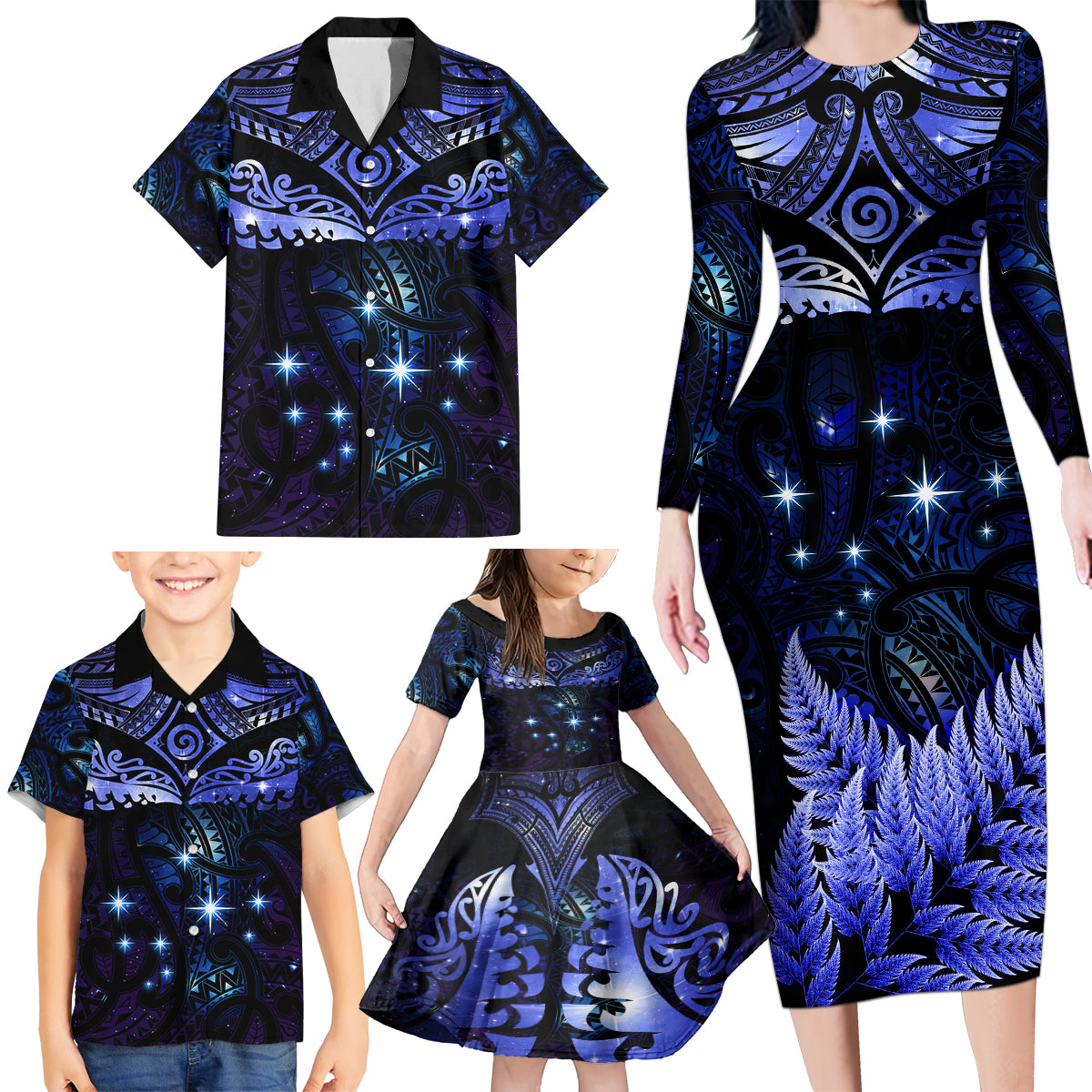 New Zealand Matariki Family Matching Long Sleeve Bodycon Dress and Hawaiian Shirt Maori Pattern and Matariki Sky Night