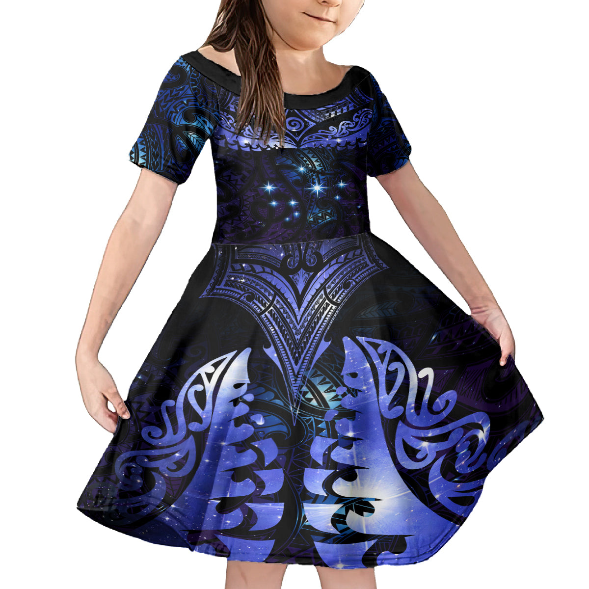 New Zealand Matariki Kid Short Sleeve Dress Maori Pattern and Matariki Sky Night