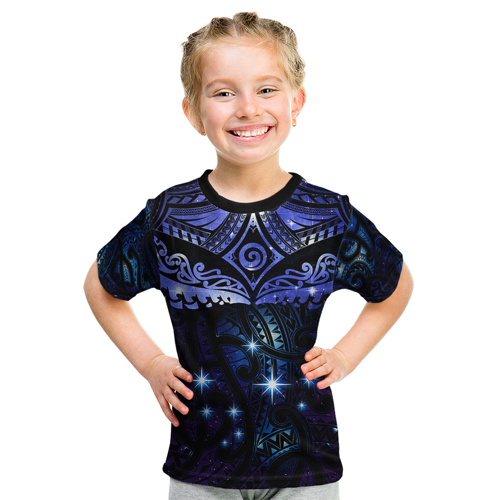 New Zealand Matariki Kid T Shirt Maori Pattern and Matariki Sky Night LT03 Blue - Polynesian Pride