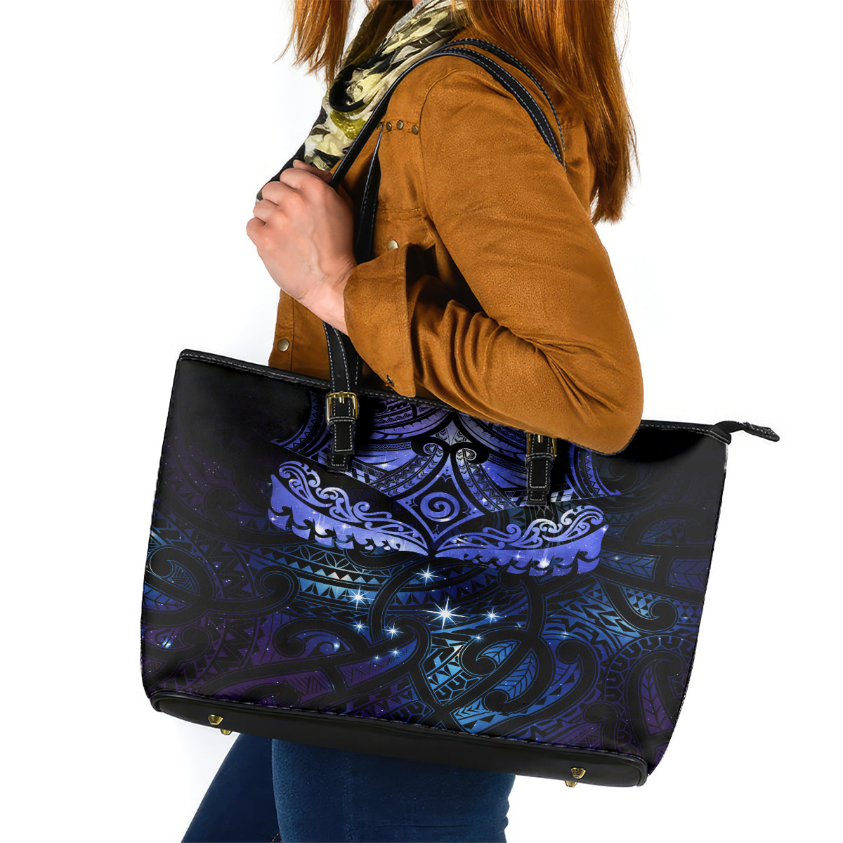 New Zealand Matariki Leather Tote Bag - Maori Pattern and Matariki Sky Night LT03 Blue - Polynesian Pride