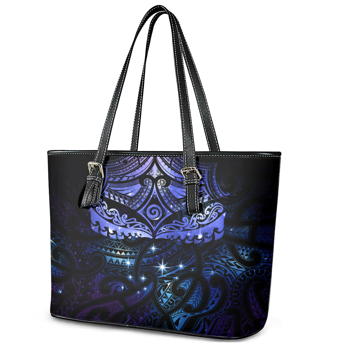 New Zealand Matariki Leather Tote Bag - Maori Pattern and Matariki Sky Night LT03 - Polynesian Pride