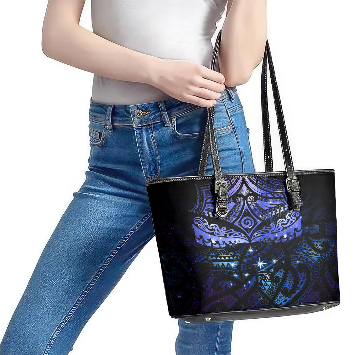 New Zealand Matariki Leather Tote Bag - Maori Pattern and Matariki Sky Night LT03 - Polynesian Pride