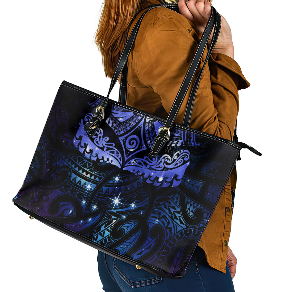 New Zealand Matariki Leather Tote Bag - Maori Pattern and Matariki Sky Night LT03 - Polynesian Pride