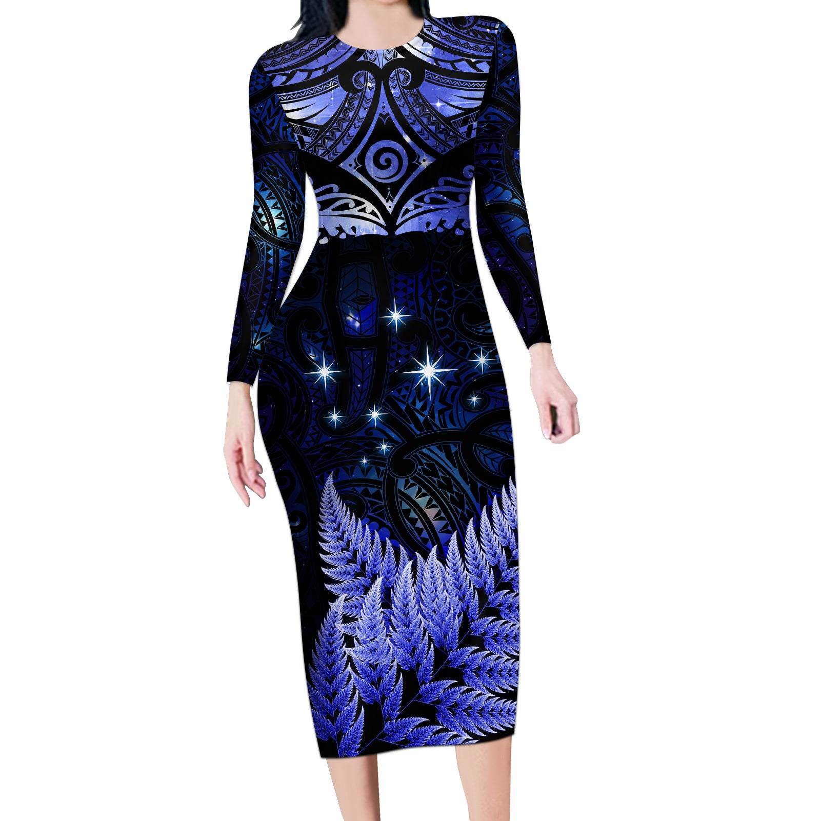 New Zealand Matariki Long Sleeve Bodycon Dress Maori Pattern and Matariki Sky Night