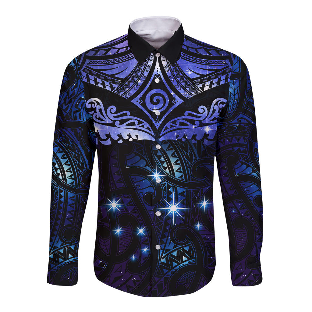 New Zealand Matariki Long Sleeve Button Shirt Maori Pattern and Matariki Sky Night LT03 Unisex Blue - Polynesian Pride