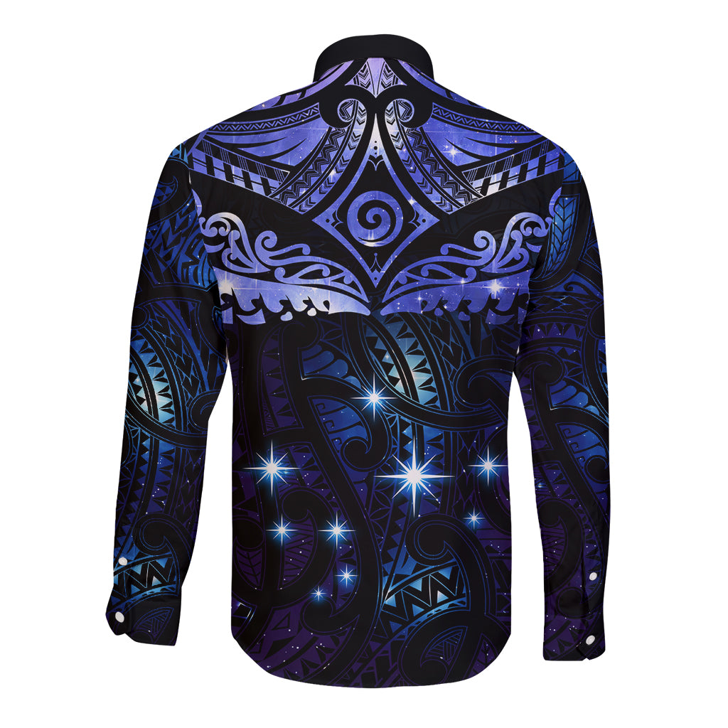 New Zealand Matariki Long Sleeve Button Shirt Maori Pattern and Matariki Sky Night LT03 - Polynesian Pride