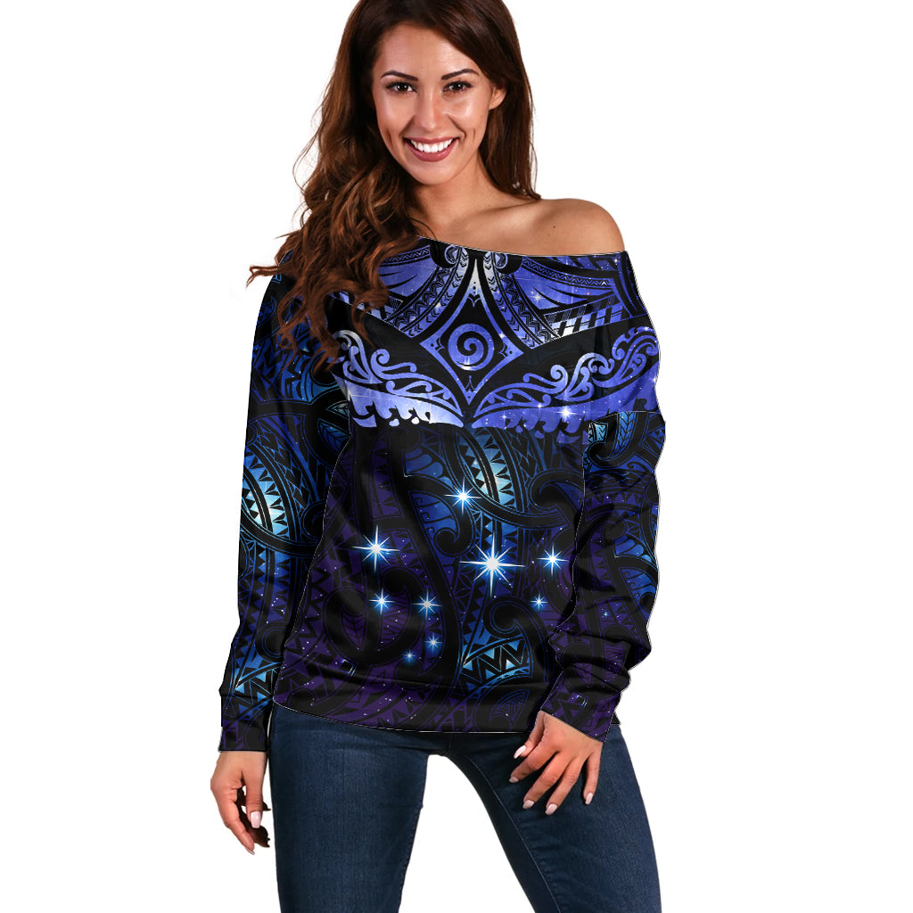 New Zealand Matariki Off Shoulder Sweater Maori Pattern and Matariki Sky Night