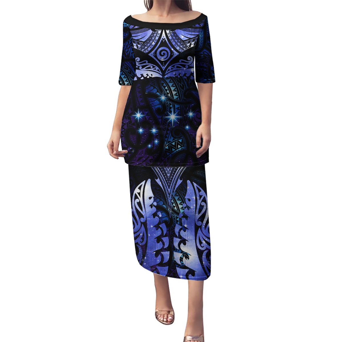 New Zealand Matariki Puletasi Maori Pattern and Matariki Sky Night LT03 Long Dress Blue - Polynesian Pride