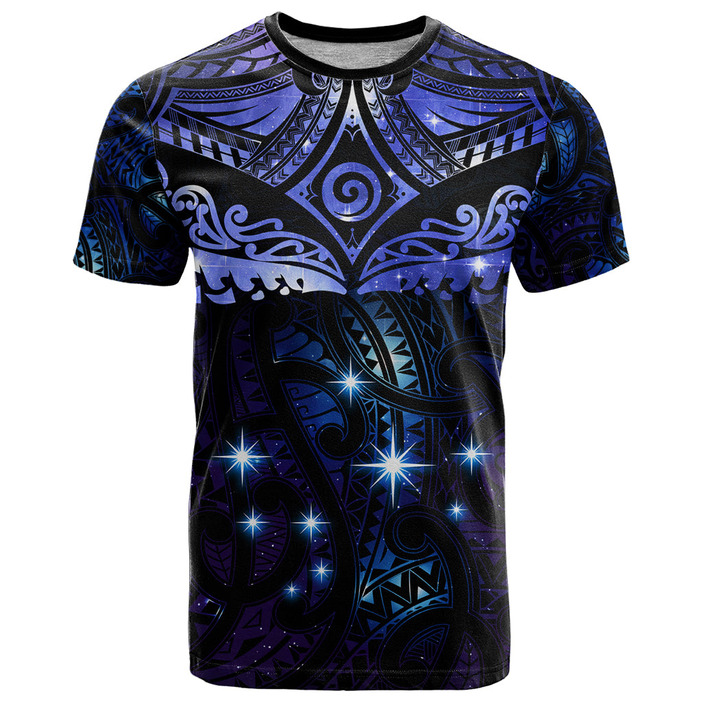 New Zealand Matariki T Shirt Maori Pattern and Matariki Sky Night LT03 Blue - Polynesian Pride