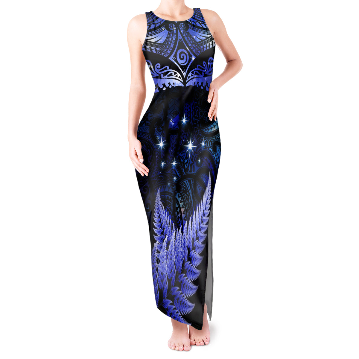 New Zealand Matariki Tank Maxi Dress Maori Pattern and Matariki Sky Night