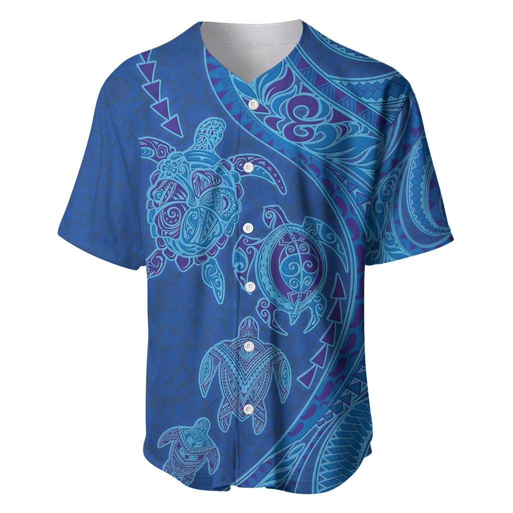 Hawaiian Turtles and Polynesian Art Tattoo Baseball Jersey Ocean Abyss LT03 Blue - Polynesian Pride