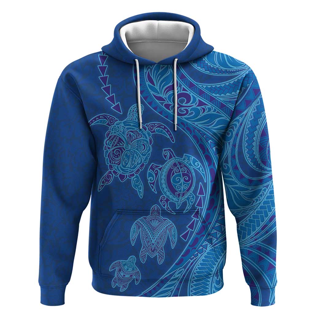 Hawaiian Turtles and Polynesian Art Tattoo Hoodie Ocean Abyss LT03 Pullover Hoodie Blue - Polynesian Pride