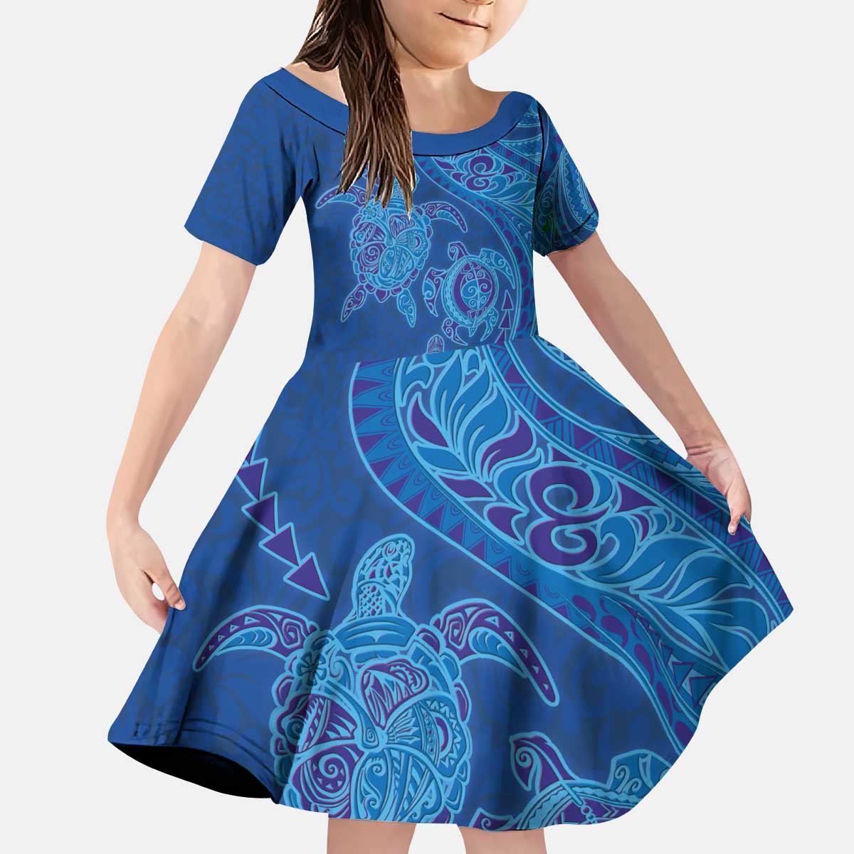 Hawaiian Turtles and Polynesian Art Tattoo Kid Short Sleeve Dress Ocean Abyss LT03 KID Blue - Polynesian Pride