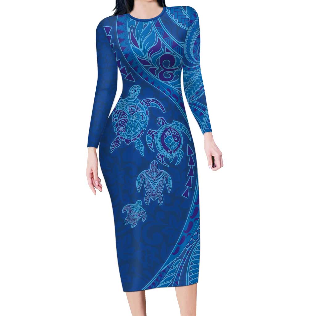 Hawaiian Turtles and Polynesian Art Tattoo Long Sleeve Bodycon Dress Ocean Abyss LT03 Long Dress Blue - Polynesian Pride