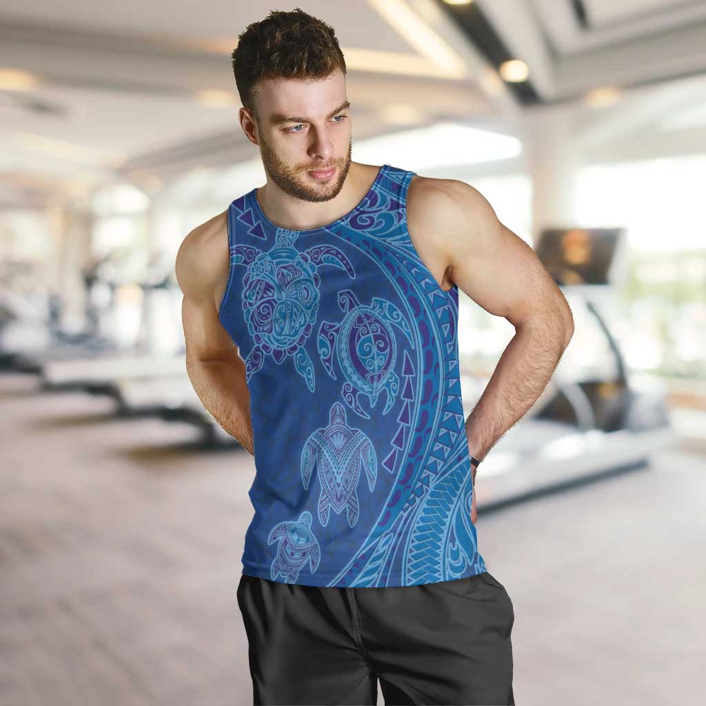 Hawaiian Turtles and Polynesian Art Tattoo Men Tank Top Ocean Abyss LT03 Blue - Polynesian Pride
