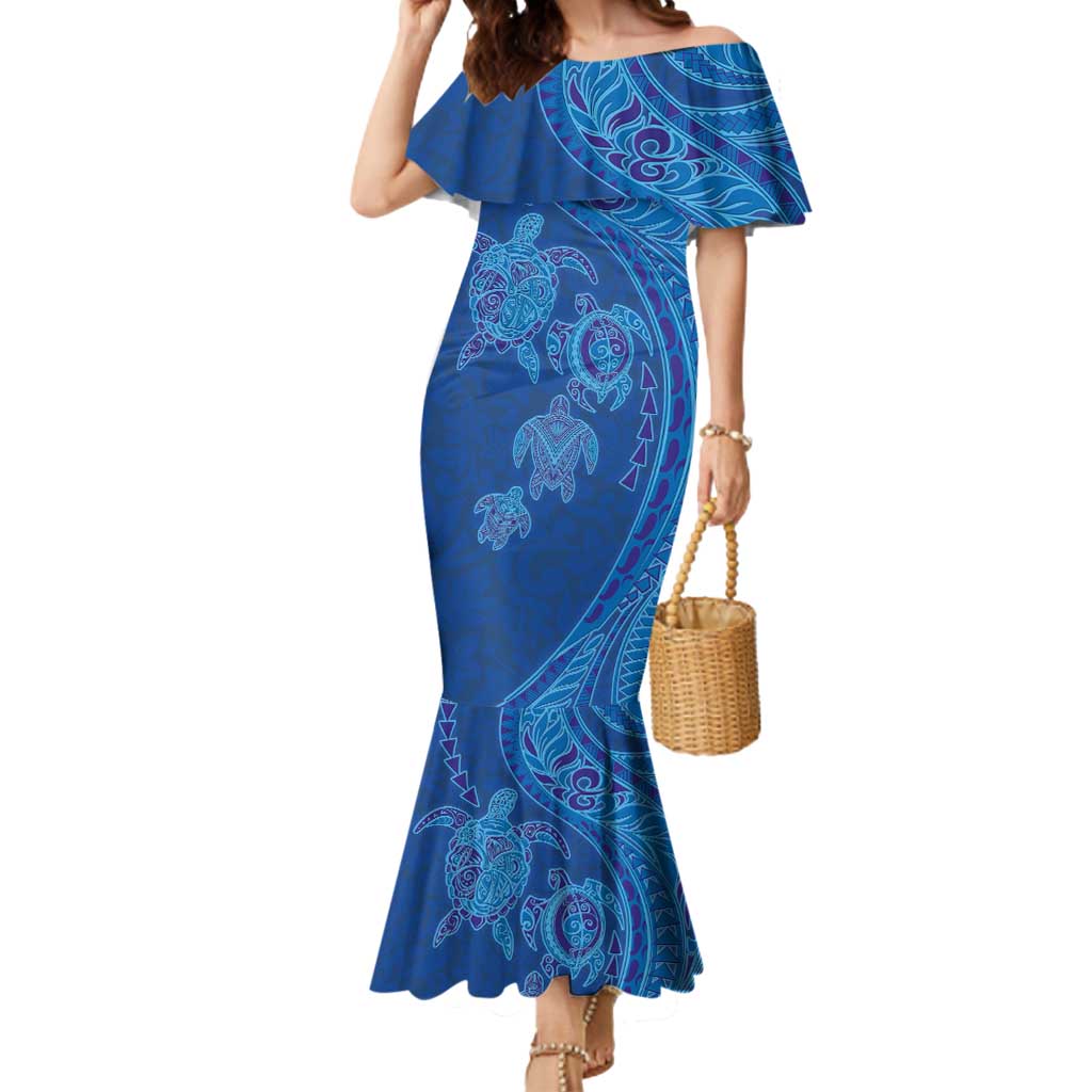Hawaiian Turtles and Polynesian Art Tattoo Mermaid Dress Ocean Abyss LT03 Women Blue - Polynesian Pride