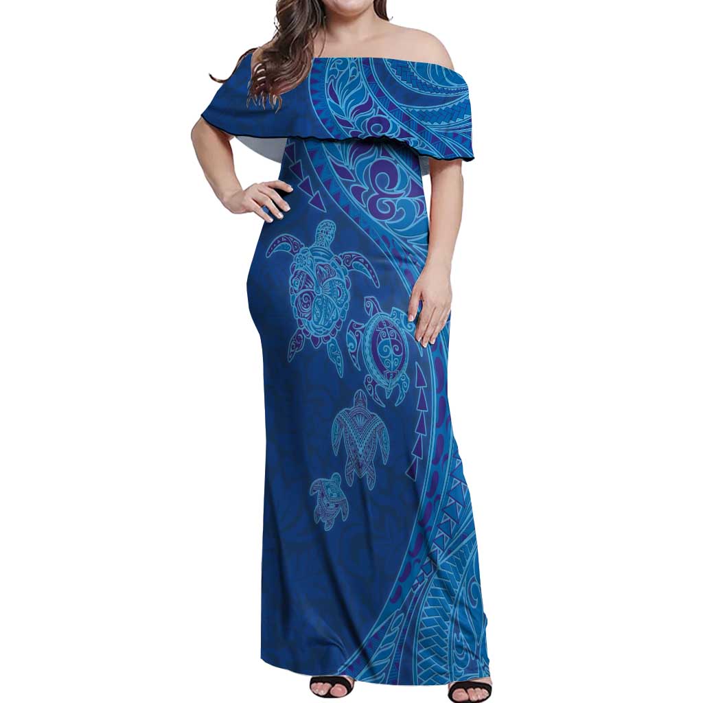 Hawaiian Turtles and Polynesian Art Tattoo Off Shoulder Maxi Dress Ocean Abyss LT03 Women Blue - Polynesian Pride