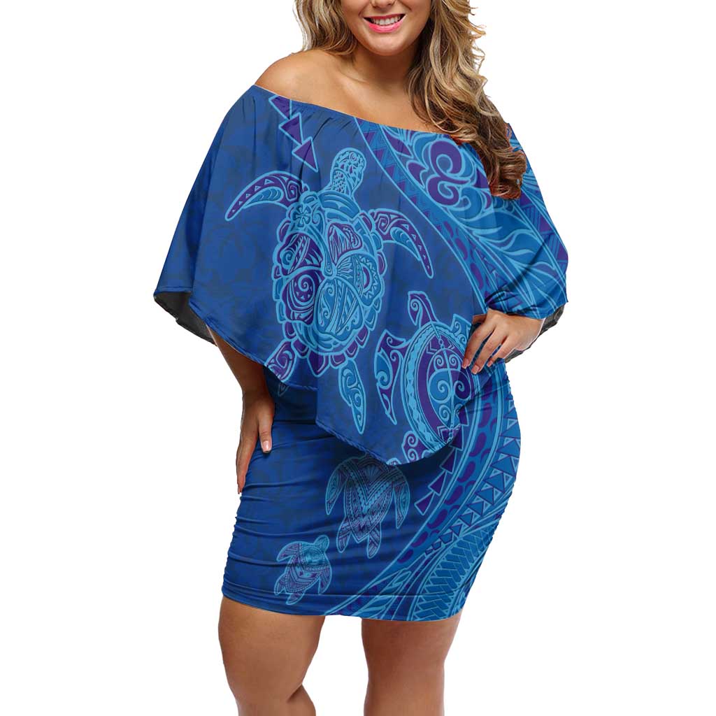Hawaiian Turtles and Polynesian Art Tattoo Off Shoulder Short Dress Ocean Abyss LT03 Women Blue - Polynesian Pride