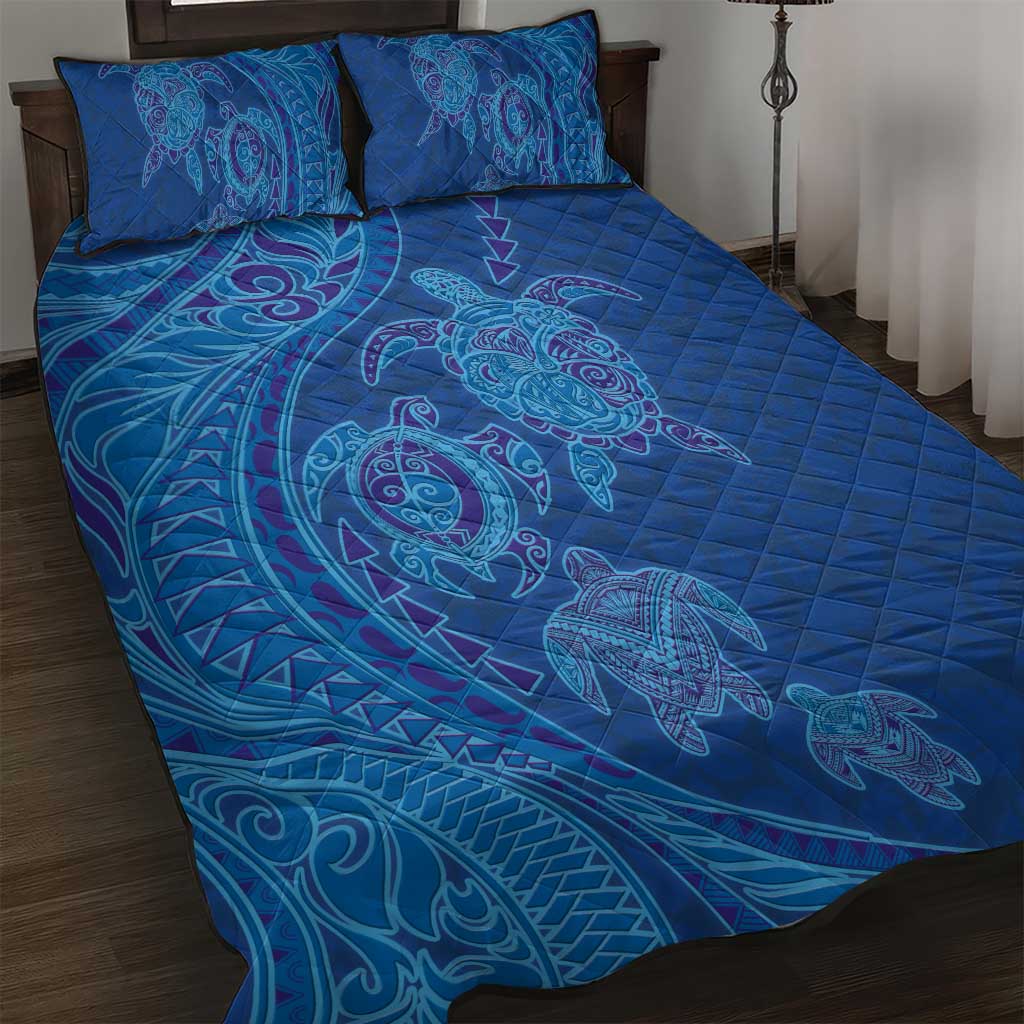 Hawaiian Turtles and Polynesian Art Tattoo Quilt Bed Set Ocean Abyss LT03 Blue - Polynesian Pride