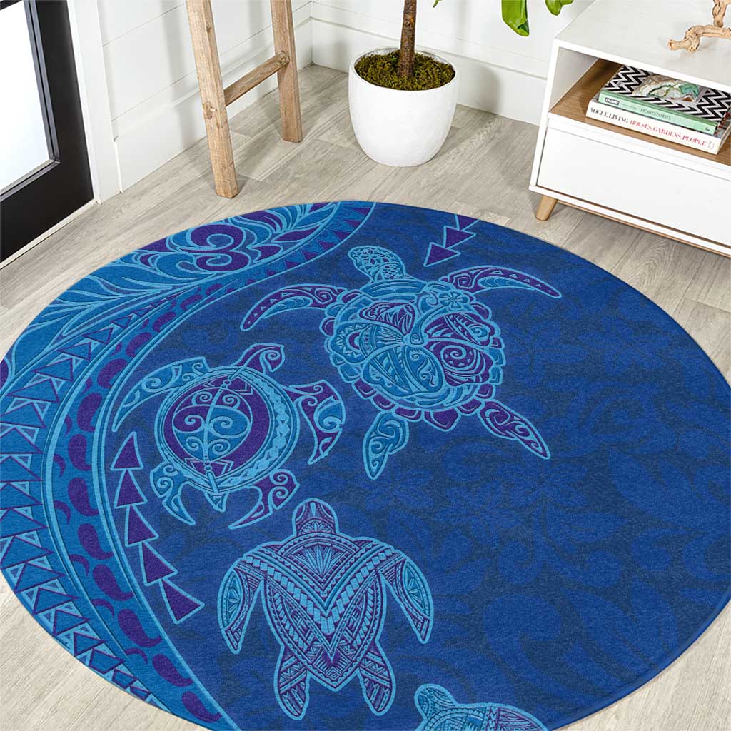 Hawaiian Turtles and Polynesian Art Tattoo Round Carpet Ocean Abyss LT03 Blue - Polynesian Pride