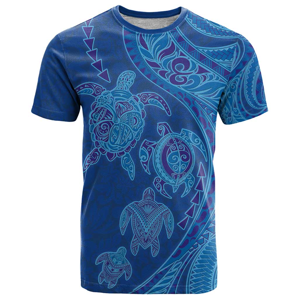 Hawaiian Turtles and Polynesian Art Tattoo T Shirt Ocean Abyss LT03 Blue - Polynesian Pride