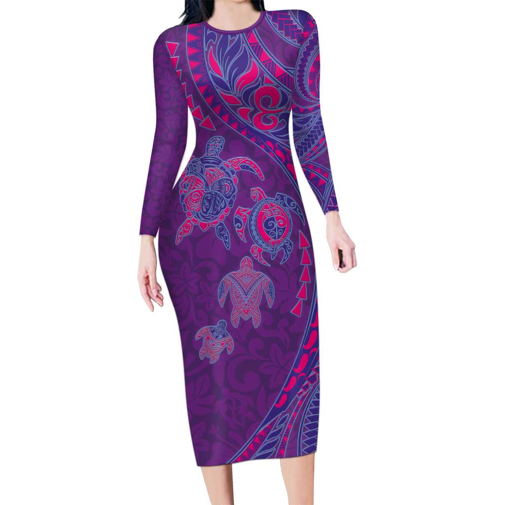 Hawaiian Turtles and Polynesian Art Tattoo Long Sleeve Bodycon Dress Dusky Violet LT03 Long Dress Purple - Polynesian Pride