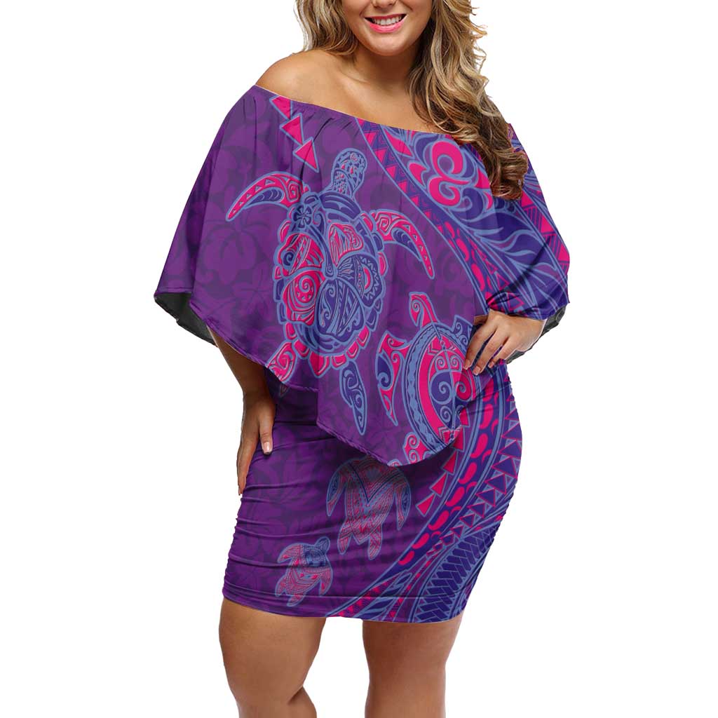 Hawaiian Turtles and Polynesian Art Tattoo Off Shoulder Short Dress Dusky Violet LT03 Women Purple - Polynesian Pride