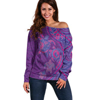 Hawaiian Turtles and Polynesian Art Tattoo Off Shoulder Sweater Dusky Violet LT03 Women Purple - Polynesian Pride
