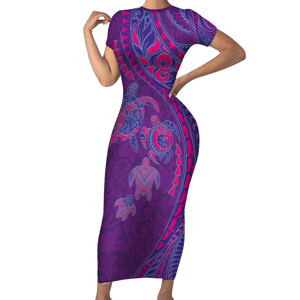 Hawaiian Turtles and Polynesian Art Tattoo Short Sleeve Bodycon Dress Dusky Violet LT03 Long Dress Purple - Polynesian Pride