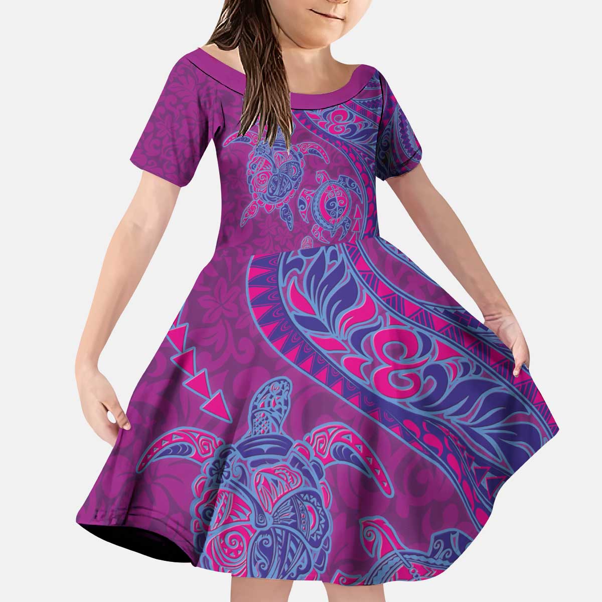 Hawaiian Turtles and Polynesian Art Tattoo Kid Short Sleeve Dress Cerise LT03 KID Pink - Polynesian Pride