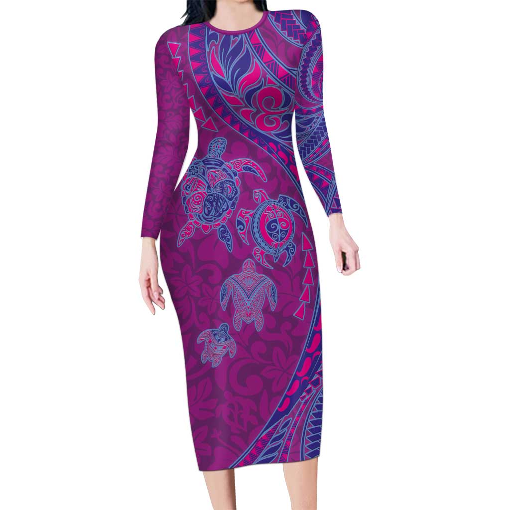 Hawaiian Turtles and Polynesian Art Tattoo Long Sleeve Bodycon Dress Cerise LT03 Long Dress Pink - Polynesian Pride