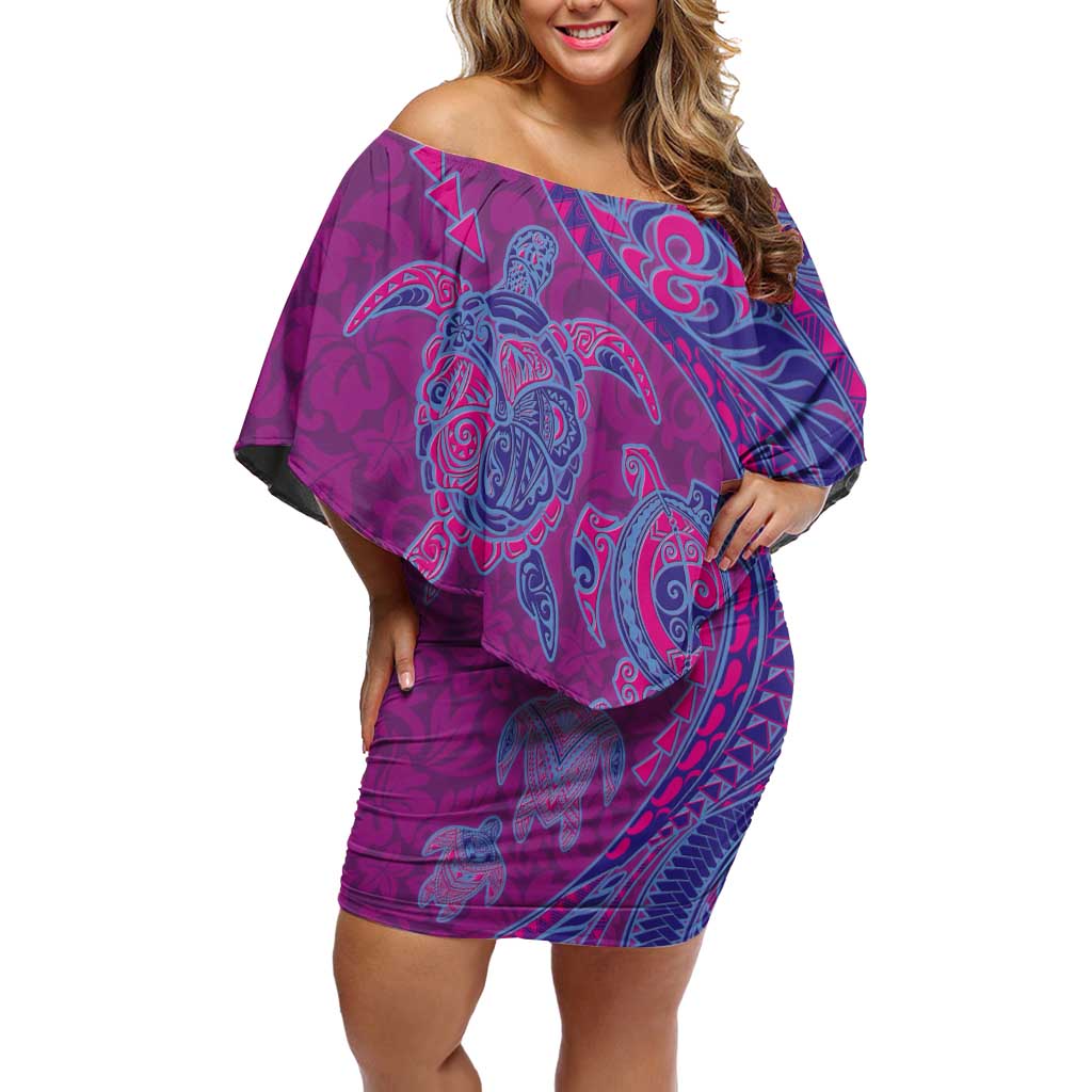 Hawaiian Turtles and Polynesian Art Tattoo Off Shoulder Short Dress Cerise LT03 Women Pink - Polynesian Pride