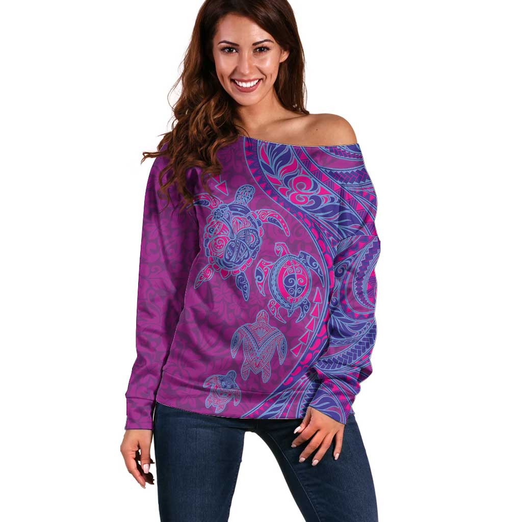 Hawaiian Turtles and Polynesian Art Tattoo Off Shoulder Sweater Cerise LT03 Women Pink - Polynesian Pride