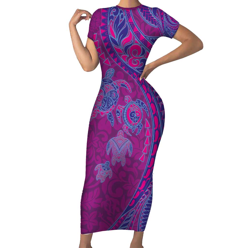 Hawaiian Turtles and Polynesian Art Tattoo Short Sleeve Bodycon Dress Cerise LT03 Long Dress Pink - Polynesian Pride