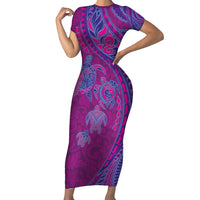 Hawaiian Turtles and Polynesian Art Tattoo Short Sleeve Bodycon Dress Cerise LT03 Long Dress Pink - Polynesian Pride
