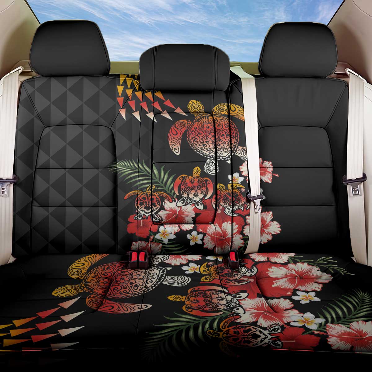 Hawaiian Hibiscus Turtle and Tropical Flower Back Car Seat Cover Dynamic Vibe LT03 One Size Black - Polynesian Pride