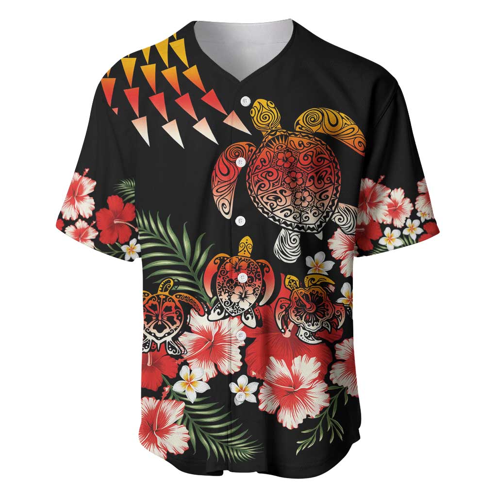 Hawaiian Hibiscus Turtle and Tropical Flower Baseball Jersey Dynamic Vibe LT03 Black - Polynesian Pride