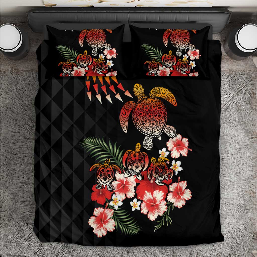 Hawaiian Hibiscus Turtle and Tropical Flower Bedding Set Dynamic Vibe LT03 Black - Polynesian Pride