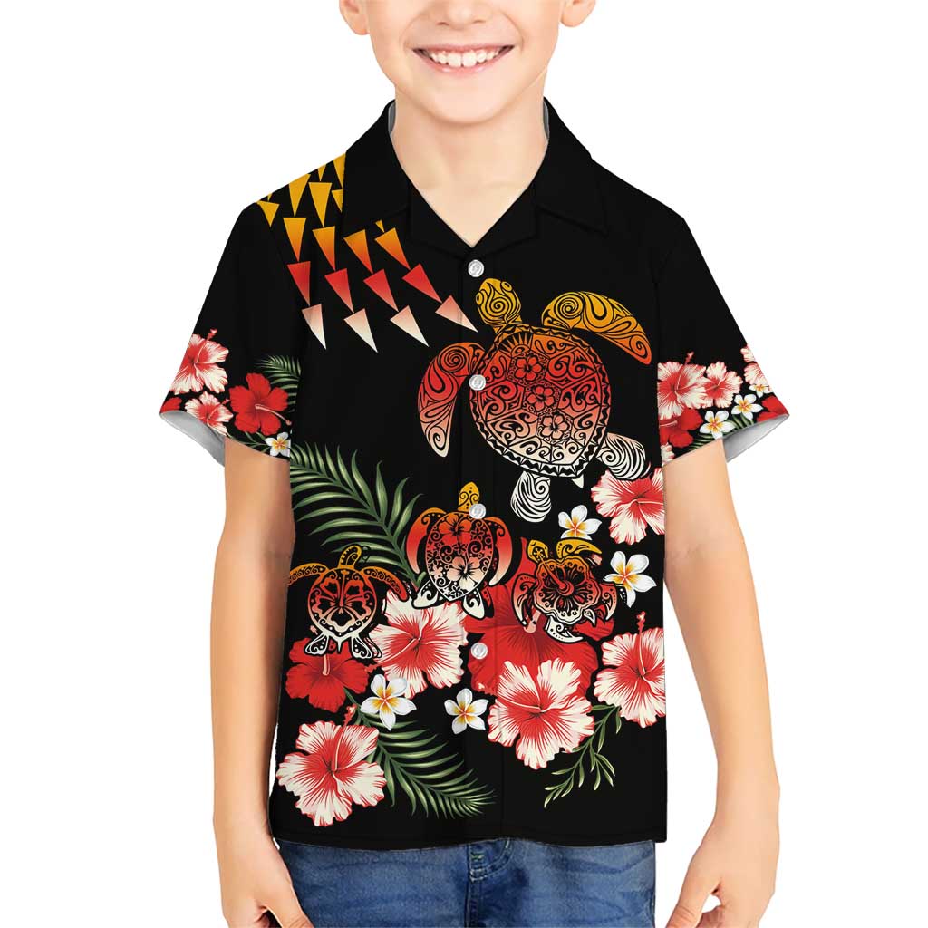 Hawaiian Hibiscus Turtle and Tropical Flower Kid Hawaiian Shirt Dynamic Vibe LT03 Kid Black - Polynesian Pride