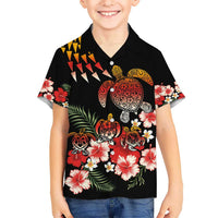 Hawaiian Hibiscus Turtle and Tropical Flower Kid Hawaiian Shirt Dynamic Vibe LT03 Kid Black - Polynesian Pride