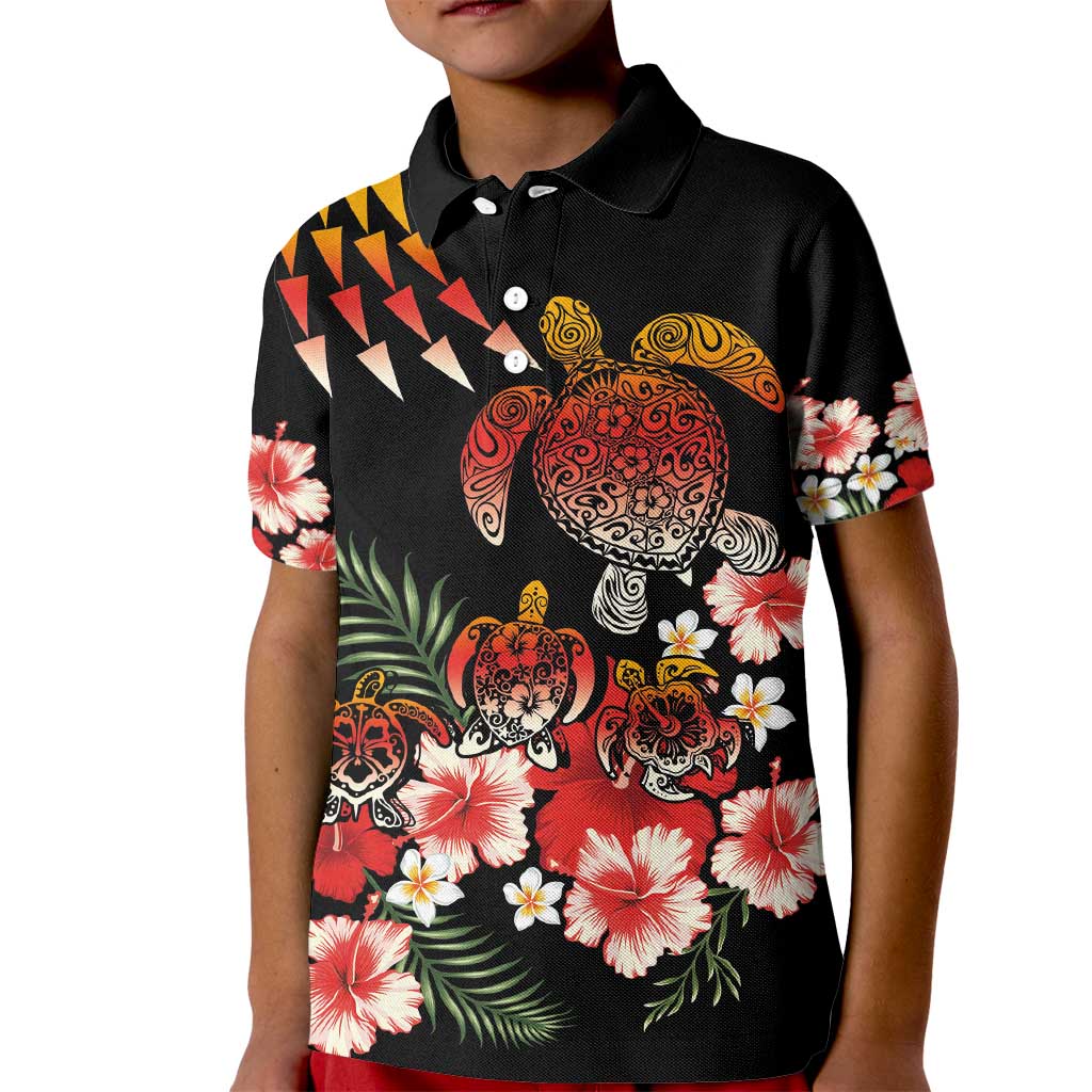 Hawaiian Hibiscus Turtle and Tropical Flower Kid Polo Shirt Dynamic Vibe LT03 Kid Black - Polynesian Pride