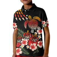 Hawaiian Hibiscus Turtle and Tropical Flower Kid Polo Shirt Dynamic Vibe LT03 Kid Black - Polynesian Pride